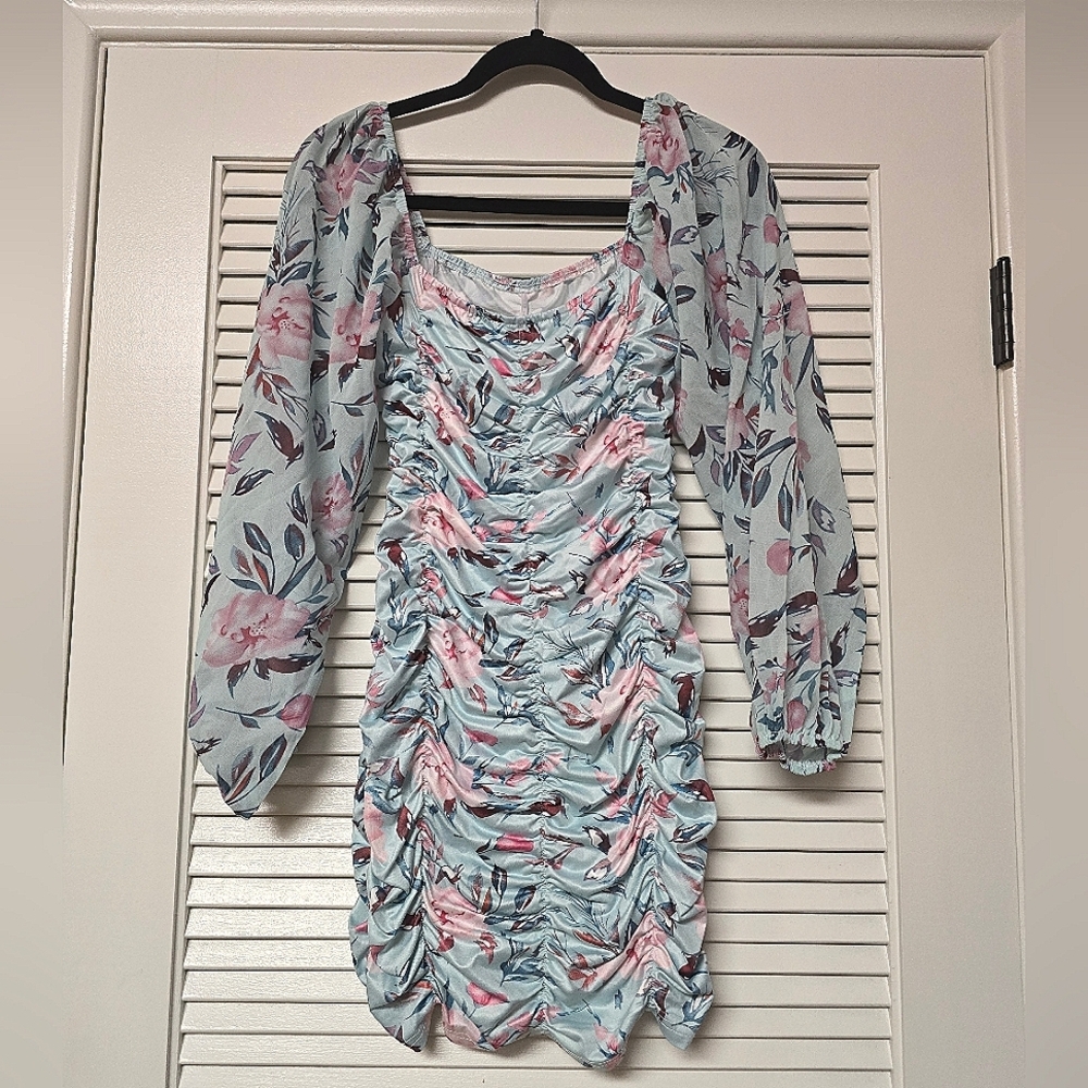 SHEIN - Floral Ruched Long-Sleeve Dress